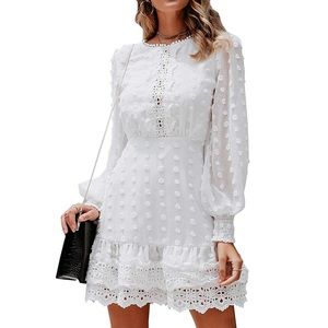 MsLure Elegant Lace Chiffon Mini Dress Lantern Sleeve Ruffle Hem Party Dress
